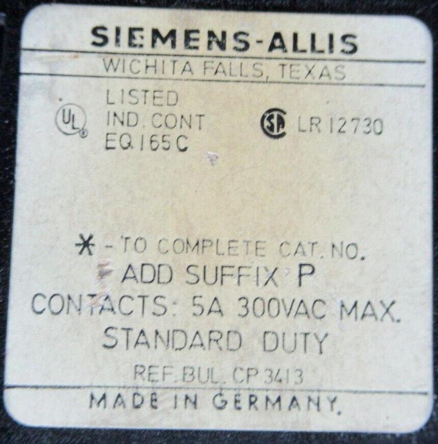 Used SIEMENS-ALLIS INDUSTRIAL TIMING RELAY TRA11C0 6-60 SECONDS 5 AMP 300 VAC MAX