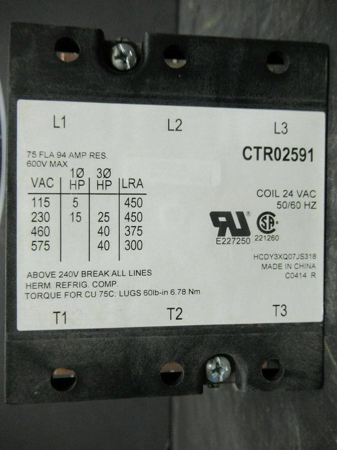 Used 75 AMP TRANE CONTACTOR CTR02591 600 VAC 40 HP COIL: 24 VAC **WARRANTY**