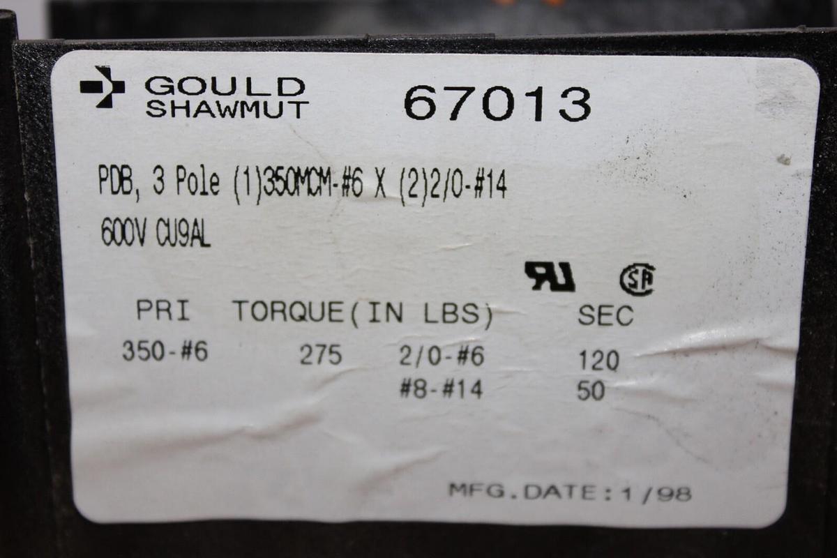 Used LOT OF 3 GOULD SHAWMUT TERMINATION LUG 67013 PDB 3-POLE 600 VOLT **WARRANTY**