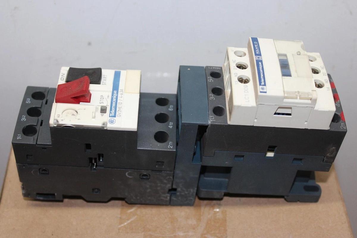 Used TELEMECANIQUE MANUAL MOTOR STARTER LC1D09 W/ GV2ME10/4.3-6A 600V 7.5HP 25A