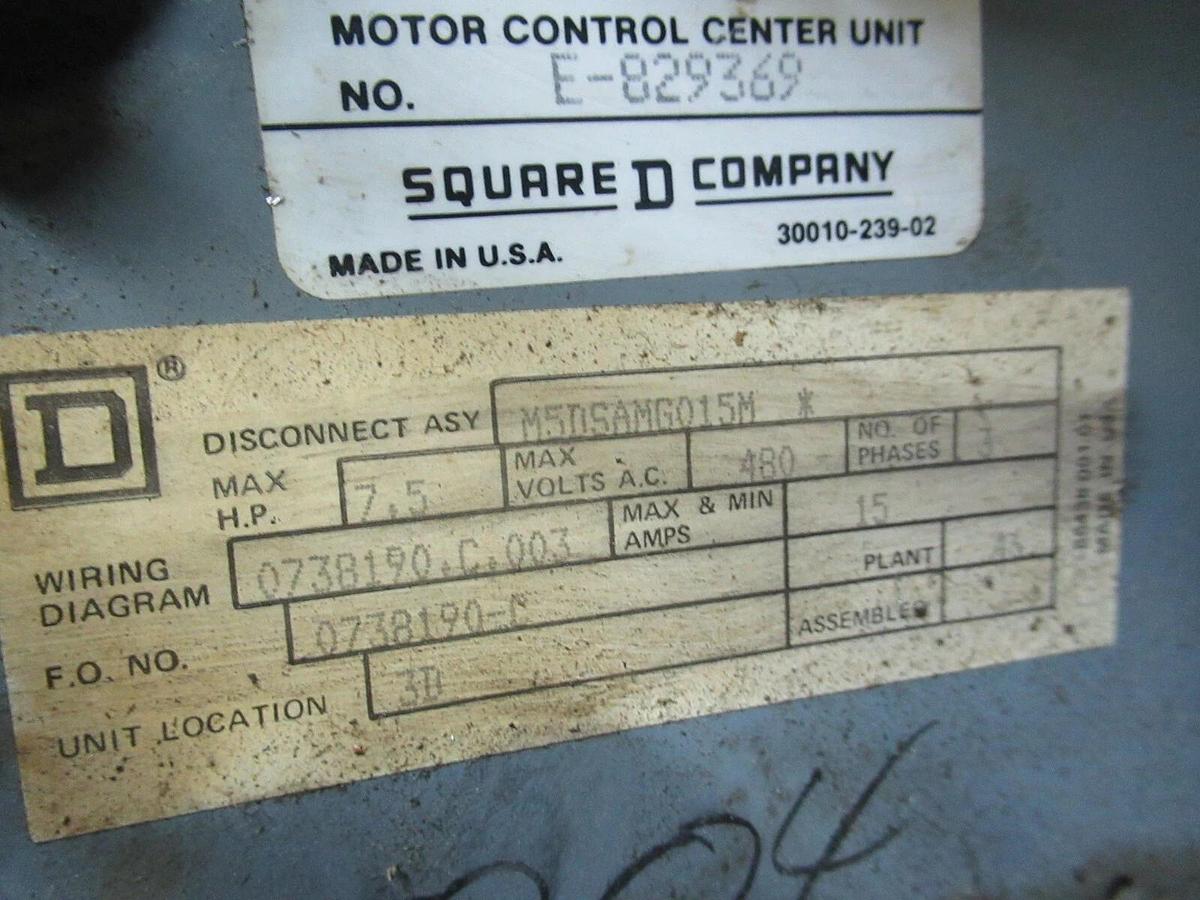 Used SQUARE D 30 AMP MOTOR CONTROL BUCKET MODEL 5 NEMA SIZE 1 STARTER COMBINATION