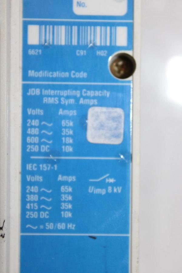 Used CUTLER HAMMER CIRCUIT BREAKER JDB3250C 250 AMP 600 VAC 3-POLE ADJUSTABLE TRIP