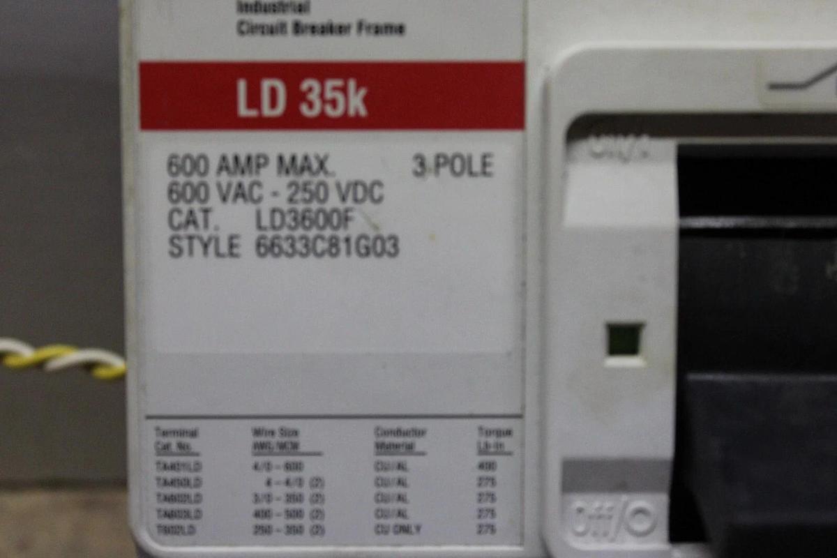 Used CUTLER HAMMER CIRCUIT BREAKER LD3600F 600 AMP 600 VAC 3-POLE *WARRANTY*