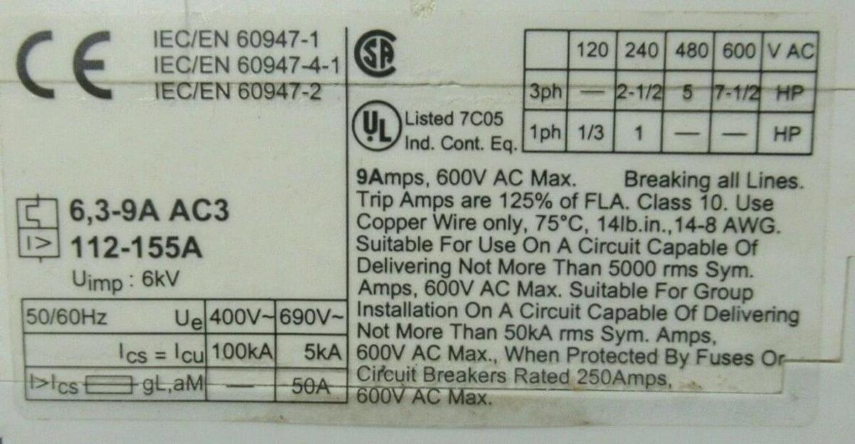 Used ABB MANUAL MOTOR START MS325 6.3-9 AMP 600 VAC W/ AUXILIARY CONTACTS