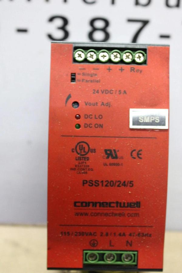 Used CONNECTWELL POWER SUPPLY PSS120/24/5 INPUT: 230 VAC 2.8A OUTPUT: 24 VDC 120W