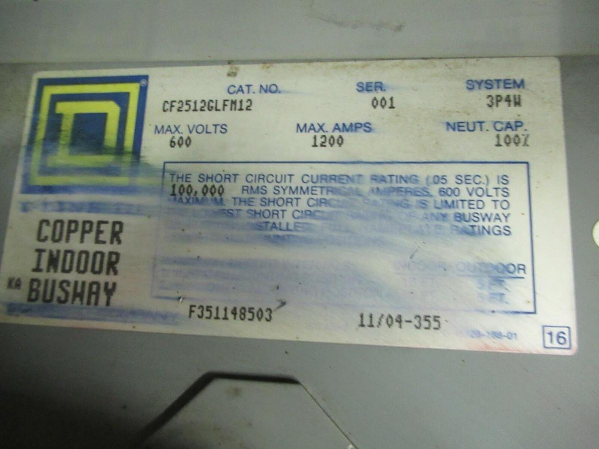 Used 1200 AMP SQUARE D CF2512GLFM12 3 PH 4 W 600 V BUSWAY ELBOW CORNER COPPER I-LINE