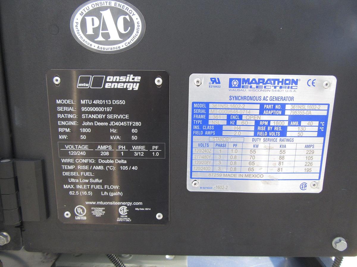 Used 50 KW DIESEL GENERATOR MTU 120/240 V JOHN DEERE SOUND ENCLOSED 499 HRS VIDEO