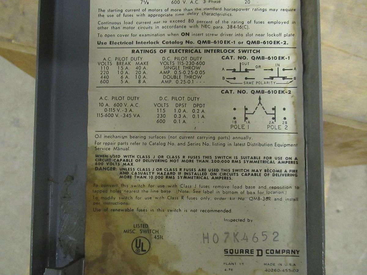Used SQUARE D QMB SAFLEX SWITCH UNIT QMB-362-T1 30A 600VAC 3 POLE SER. D2 3PHASE 20HP