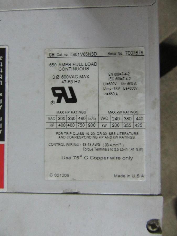 Used 650 AMP CONTINUOUS CUTLER HAMMER INSIDE THE DELTA - SOFT STARTER T801V65N3D