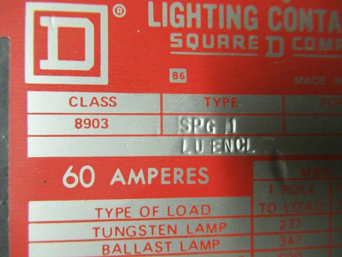 Used 60 AMP SQUARE D 8903 SPG1 LIGHTING CONTACTOR 2 POLE 600 277/480 VAC 208 V COIL