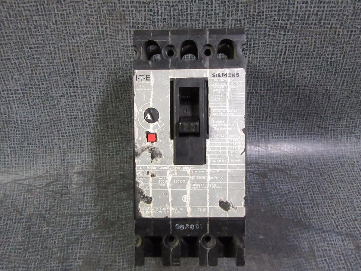 Used SIEMENS ITE CIRCUIT BREAKER 25 AMP 600 VAC 3 POLE MODEL: ED63A025 *WARRANTY*