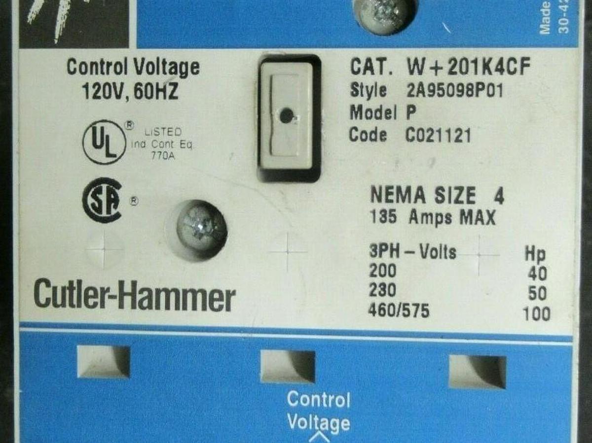 Used 135 AMP CUTLER HAMMER CONTACTOR W+201K4CF 2A95098P01 NEMA 4 600 VAC