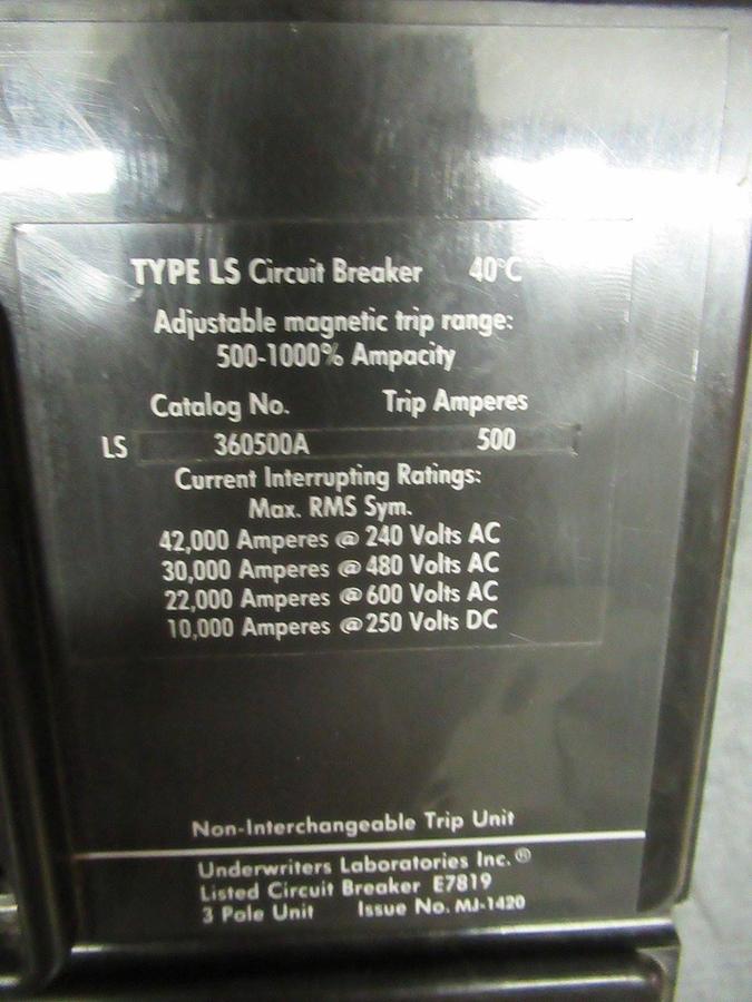 Used CUTLER-HAMMER BREAKER LS360500A 500A 600VAC 250VDC **WARRANTY INCLUDED**