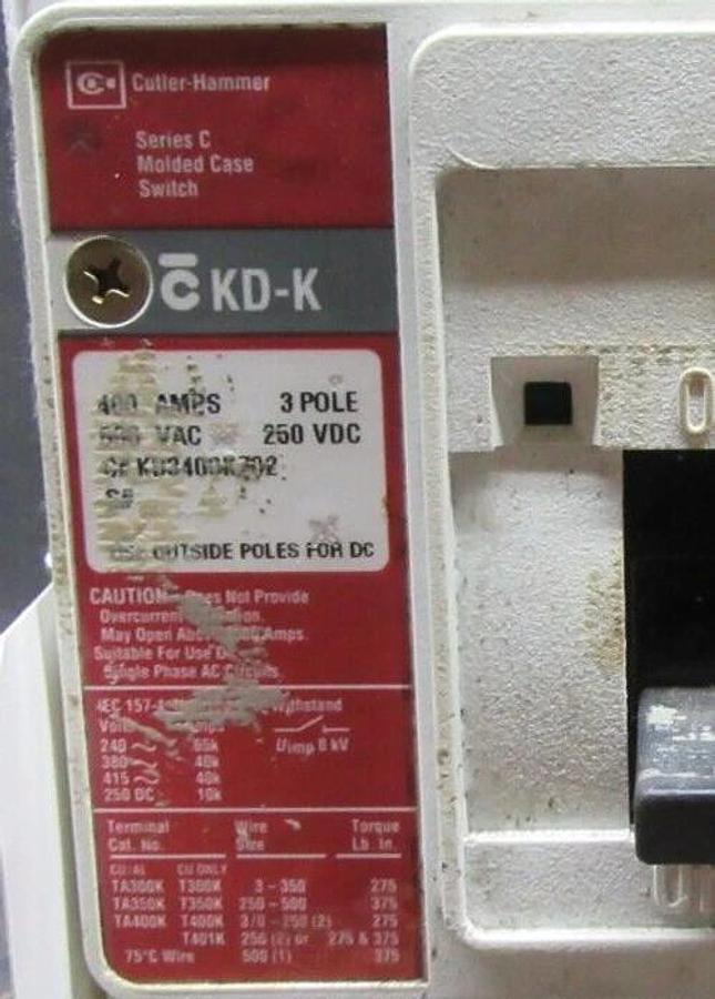 Used CUTLER HAMMER MOLDED CASE SWITCH KD3400K 400 AMP 600 VAC 3-POLE **WARRANTY**