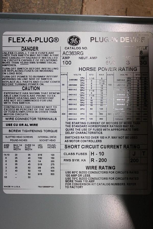 NEW SURPLUS GENERAL ELECTRIC BUS PLUG AC363RG 100 AMP 3-POLE 600 VAC 3-PHASE