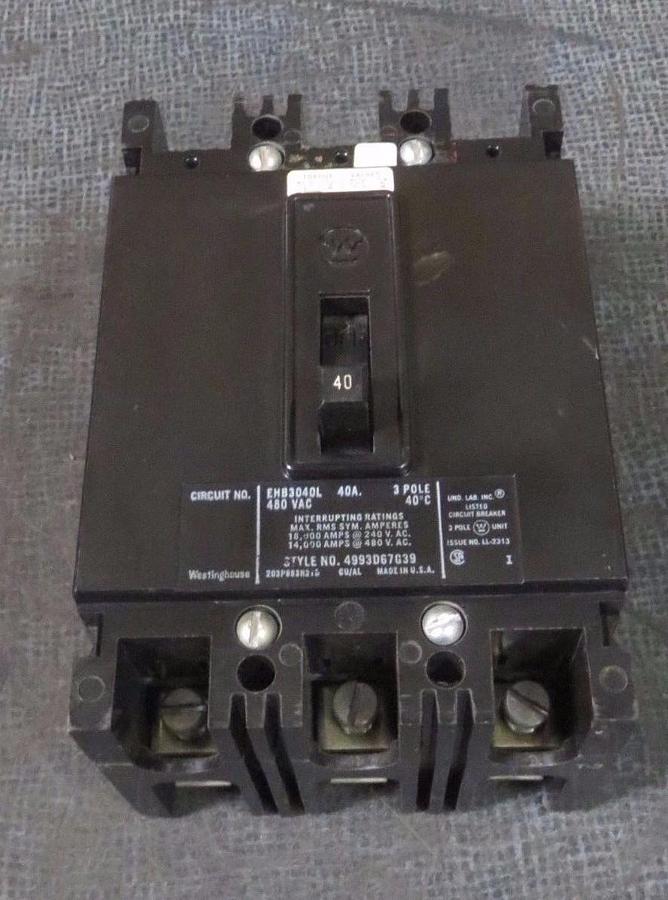 Used WESTINGHOUSE CIRCUIT BREAKER 40 AMP 480 VAC 3 POLE MODEL: EHB3040L *WARRANTY*