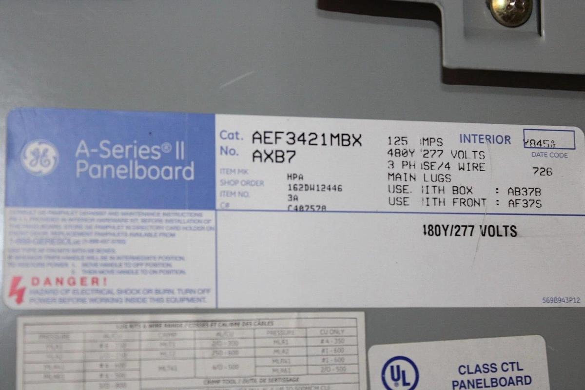 Used GENERAL ELECTRIC SERVICE PANELBOARD AB37B 125 AMP 480Y/277V 3-PHASE NEMA 1