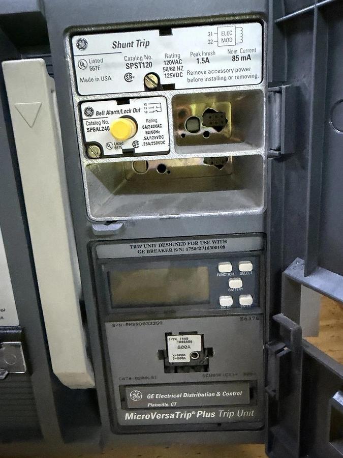 Used GE SSD08B208 800 AMP BREAKER MICRO VERSA TRIP LSI SHUNT BELL ALARM W/ PAPERWORK
