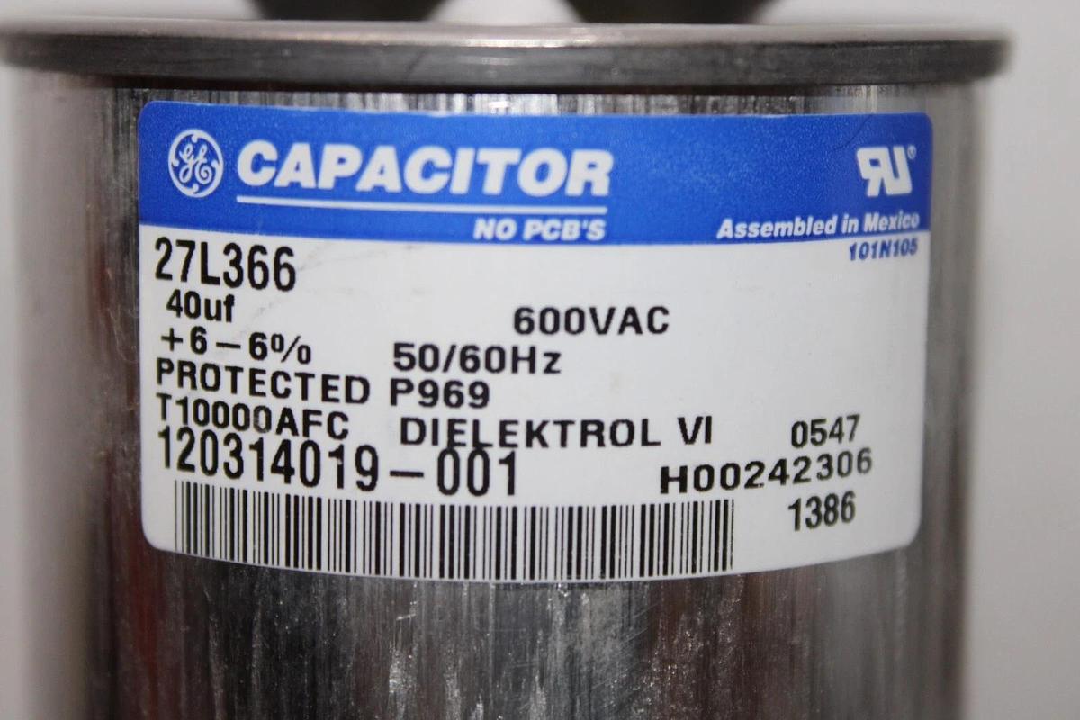 Used LOT OF 2 GE DIELEKTROL VI CAPACITOR 27L366 120314019-001 600 VAC 40 uF ± 6%