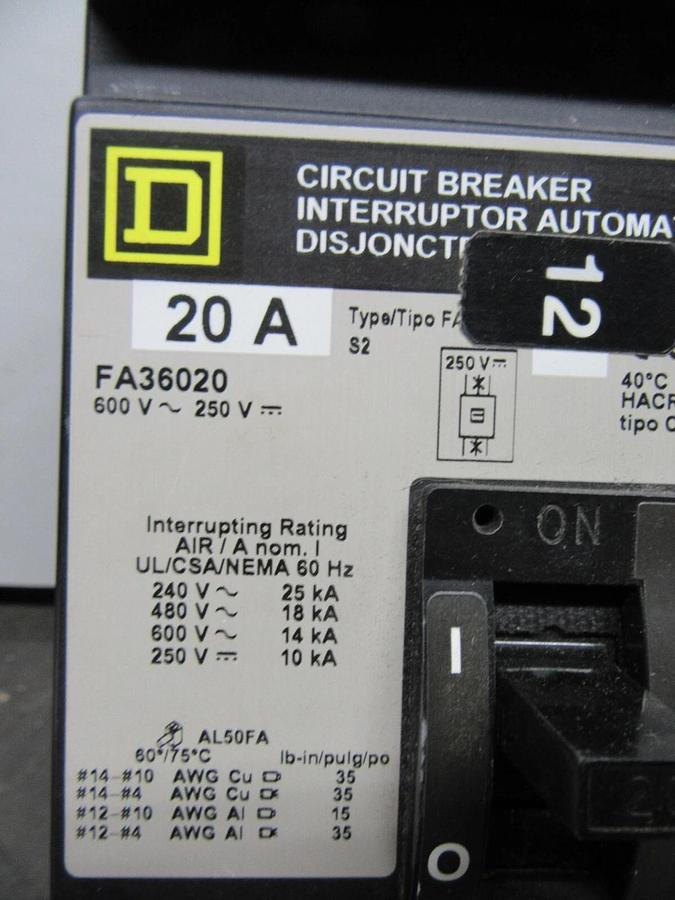 Used SQUARE D I-LINE BREAKER FA36020 20 AMP 3-POLE 600 VAC **WARRANTY INCLUDED**
