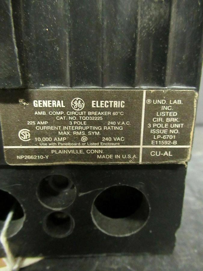 Used 225 AMP GE BREAKER TQD32225 240 VAC 3 POLE **30 DAY WARRANTY INCLUDED**