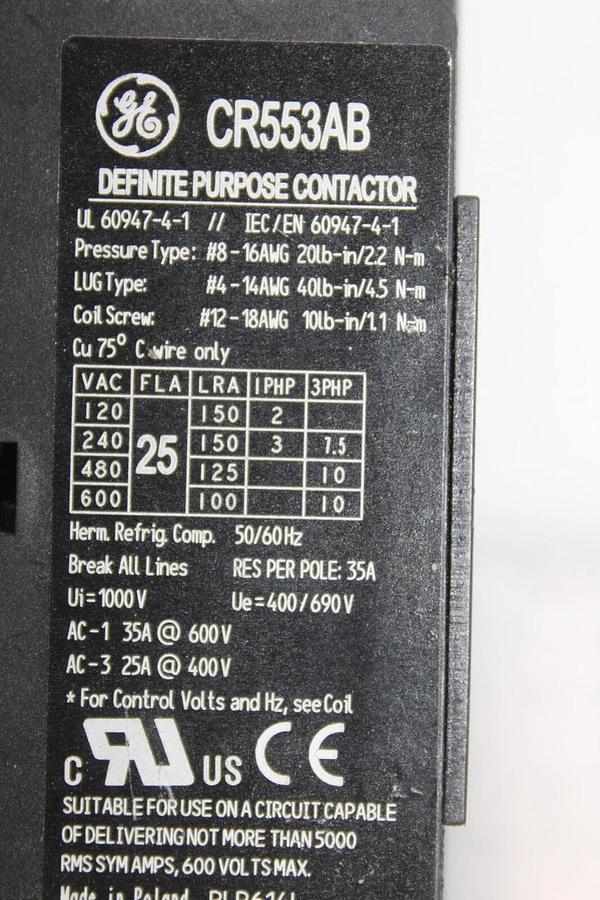 Used GENERAL ELECTRIC CONTACTOR CR553AB3*AA 25 AMP 600 VAC 3-POLE COIL: 110/120V