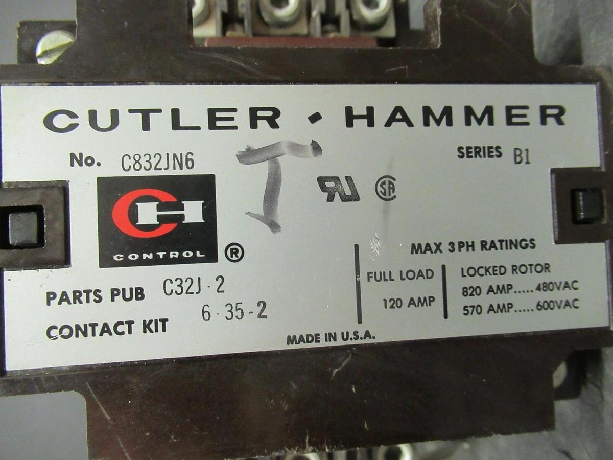 Used 120 AMP CUTLER HAMMER CONTACTOR C832JN6 SER. B1 COIL: 120 VAC **WARRANTY**