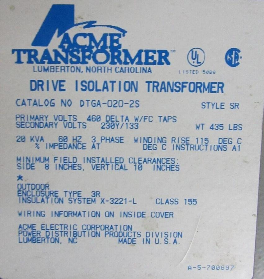Used ACME 3R TRANSFORMER DTGA-020-2S 20 KVA PRI: 460 VOLT SEC: 230 VOLT 3-PHASE