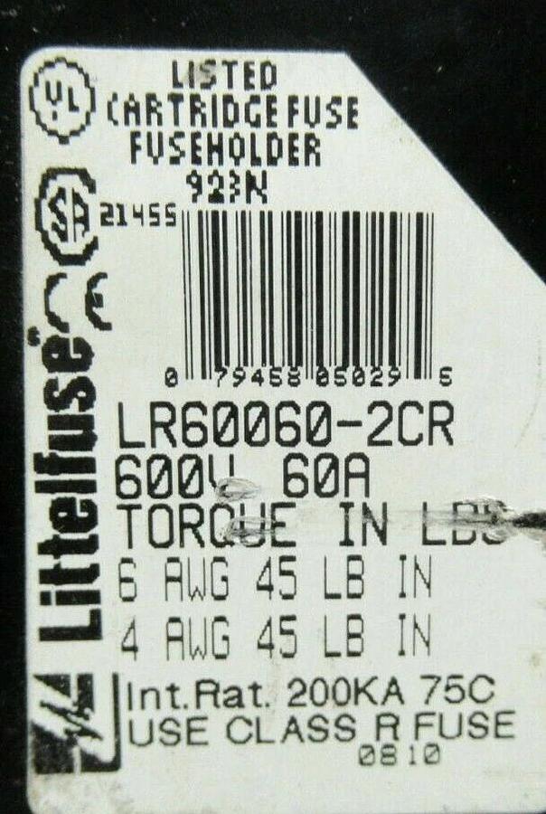 Used LITTELFUSE FUSE LUG SET LR60060-2CR 600 VOLTS 60 AMP **WARRANTY INCLUDED!**