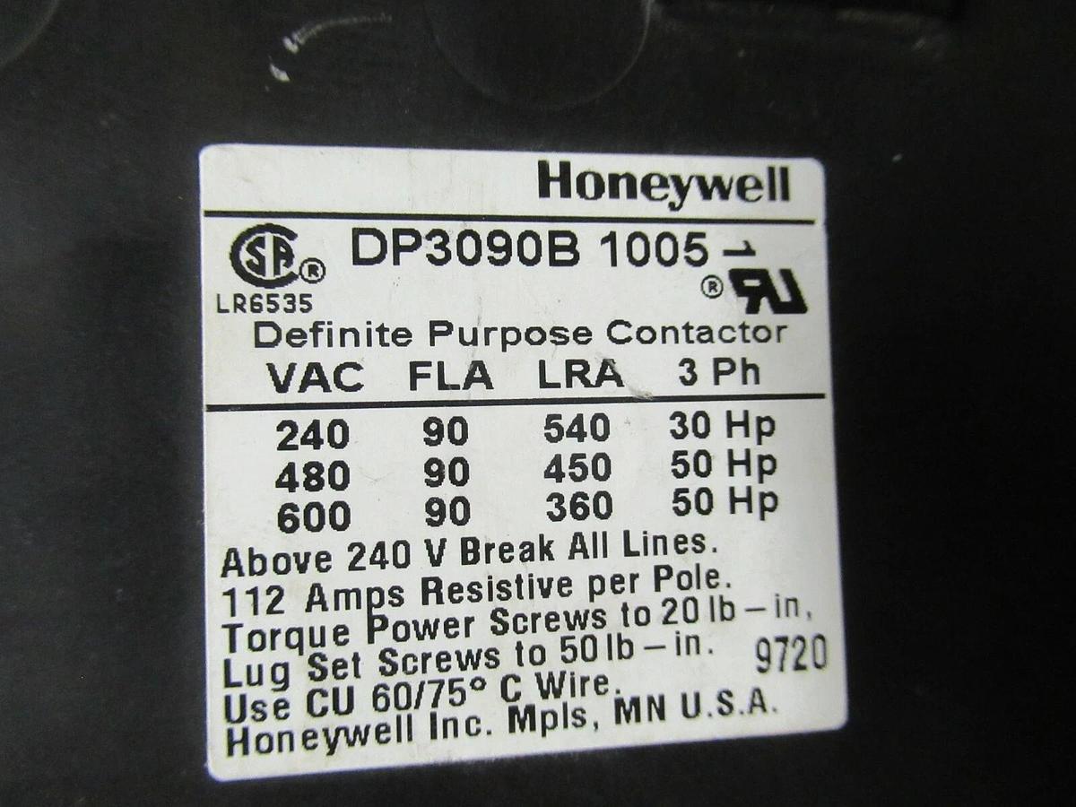Used HONEYWELL CONTACTOR DP3090B-1005 90 AMP 112 AMP/RES 600 VAC 50 HP