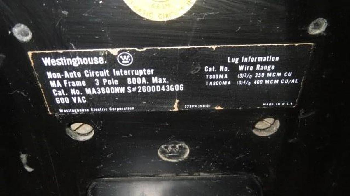 Used WESTINGHOUSE MA FRAME BREAKER 800 AMP 600 VAC 3 POLE MODEL MA3800NW **WARRANTY**