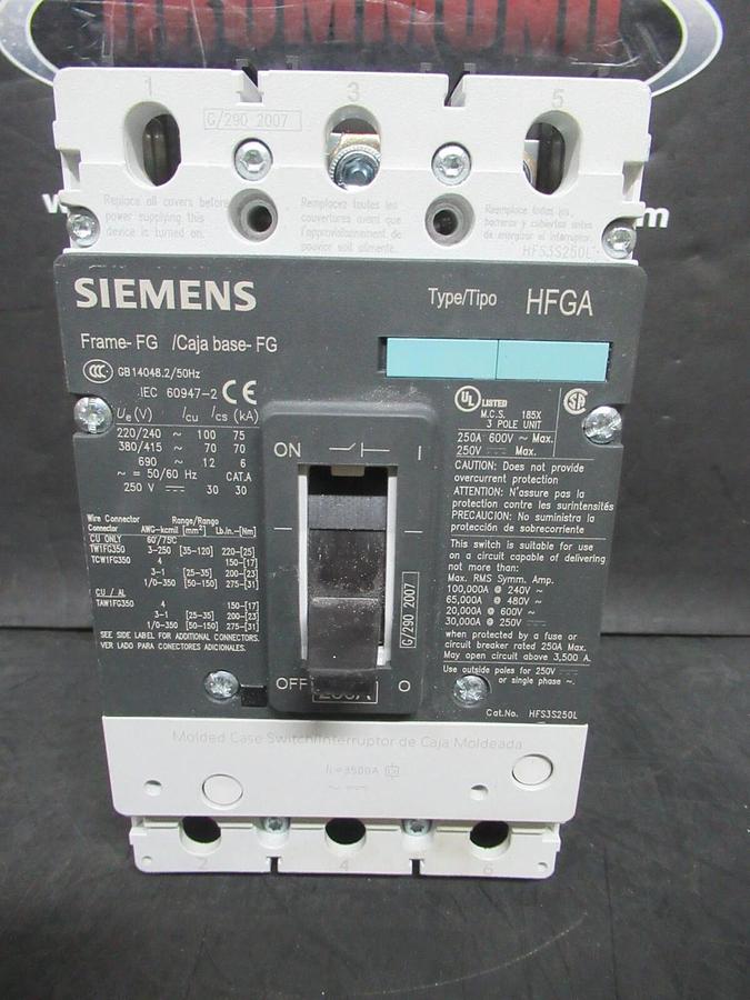 Used SIEMENS CIRCUIT BREAKER HFS3S250L TYPE: HFGA FRAME: FG 200 AMP 600 VAC 3-POLE