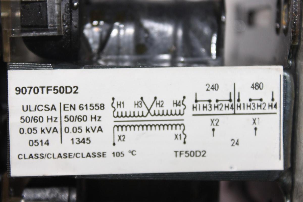 Used SQUARE D TRANSFORMER 9070TF50D2 0.05 KVA HIGH: 240/480 VOLT LOW: 24 VOLT