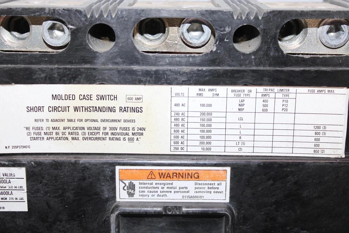 Used WESTINGHOUSE MOLDED CASE SWITCH LC3600WK 600 AMP 3-POLE 600 VAC