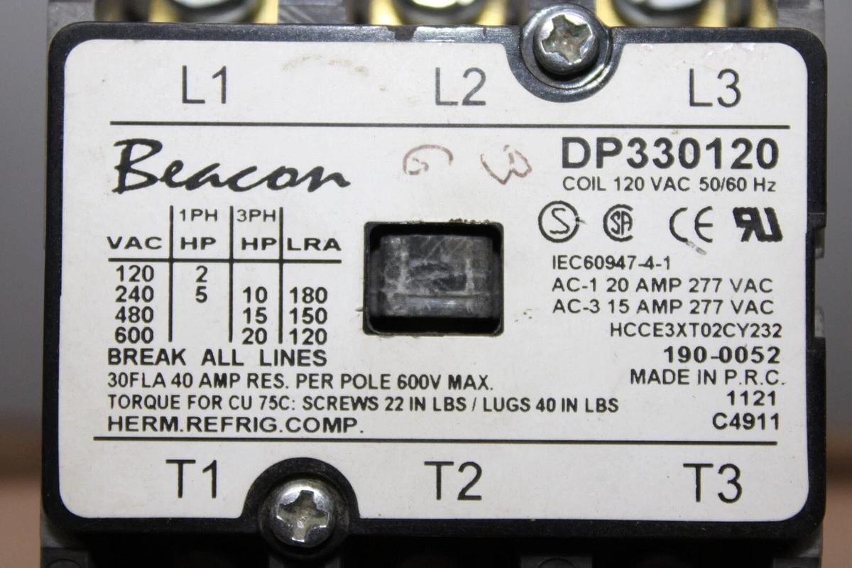 Used BEACON CONTACTOR DP330120 30 AMP 600 VAC 3-POLE 20 HP COIL: 120V