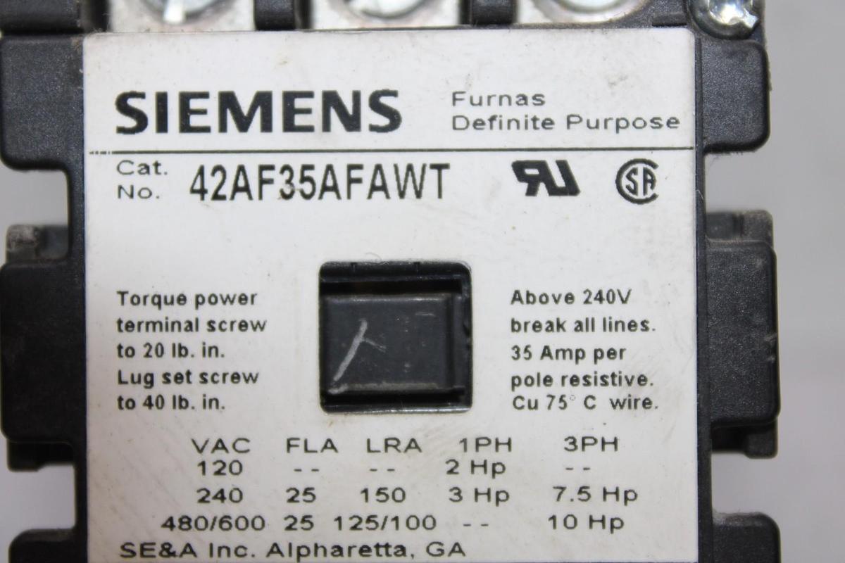 Used SIEMENS CONTACTOR 42AF35AFAWT 25 AMP 3-POLE 600 VAC COIL: 110/120V
