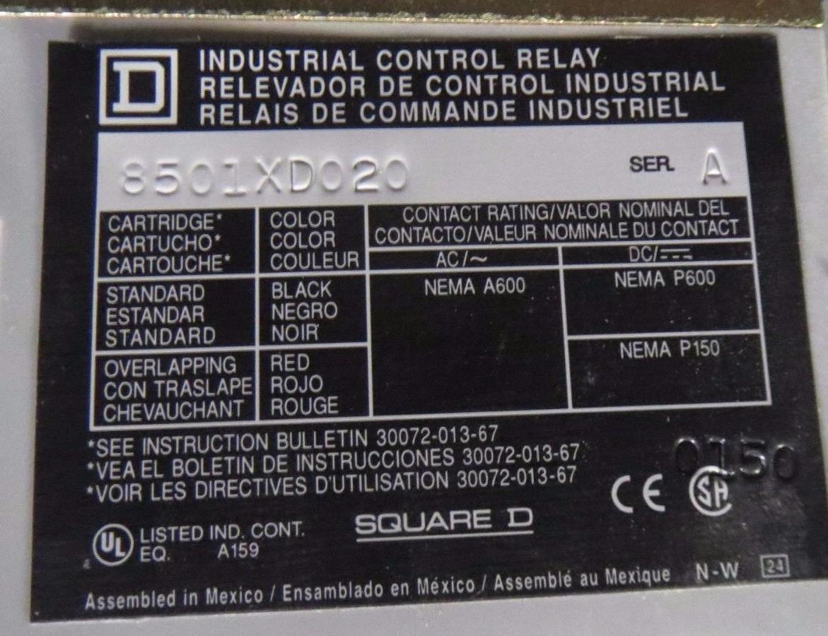 Used (1) SQUARE D 8 POLE CONTROL RELAY WITH 24 VDC COIL 8501XD020 8501-XDO-20