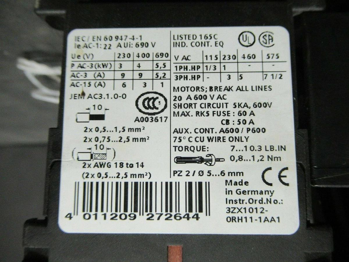 Used SIEMENS MANUAL MOTOR START 3RV1021-1KA10 600 VAC 12 AMP 10 HP