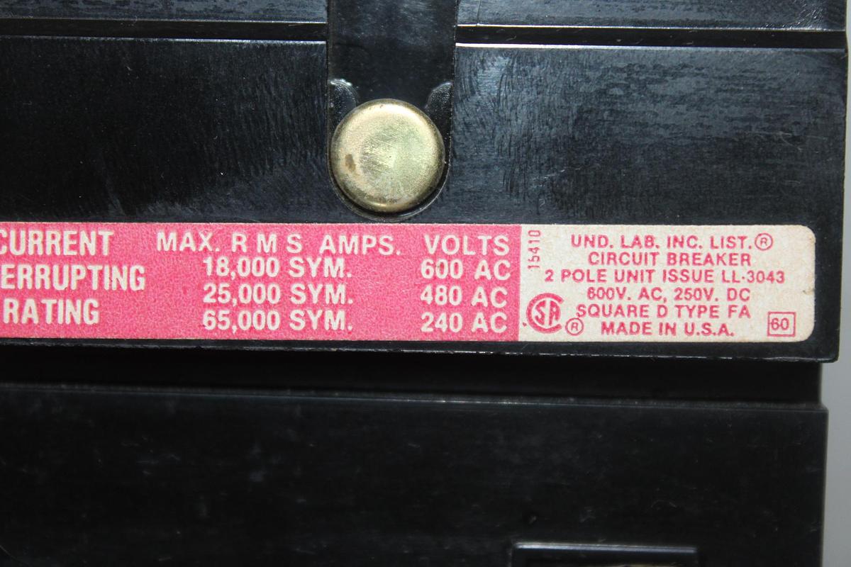 Used SQUARE D I-LINE CIRCUIT BREAKER FH36100 100 AMP 600 VAC 3-POLE