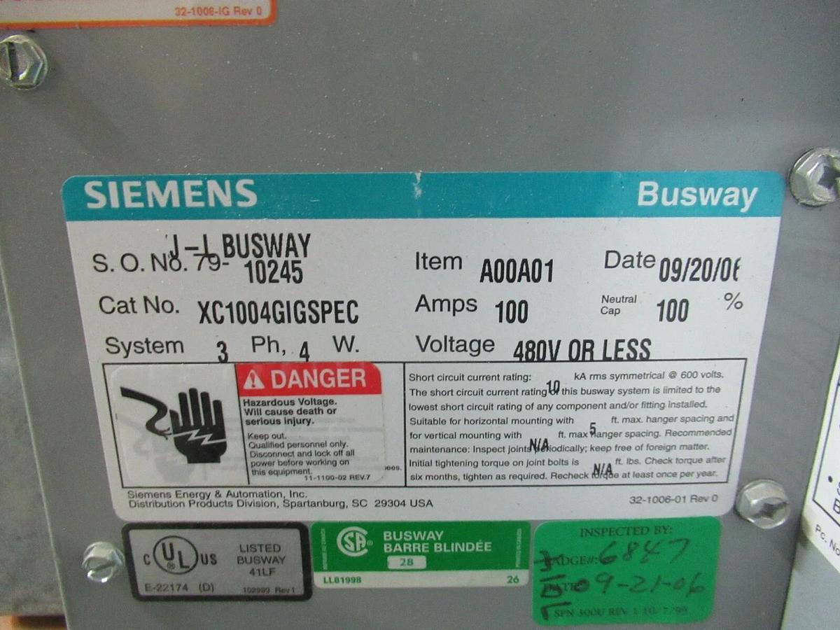 Used SIEMENS 100 AMP 240 V XJ-L BUSWAY TAPBOX W/ VACU-BREAK SWITCH V2E3203 4W XC1004G