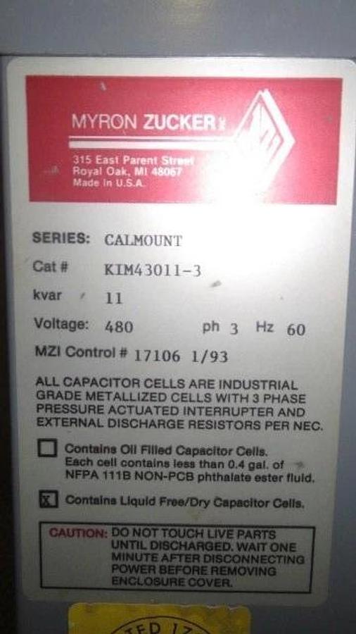 Used MYRON ZUCKER CALMOUNT CAPACITOR KIM43011-3 11 KVAR 480V 3 PHASE *WARRANTY*