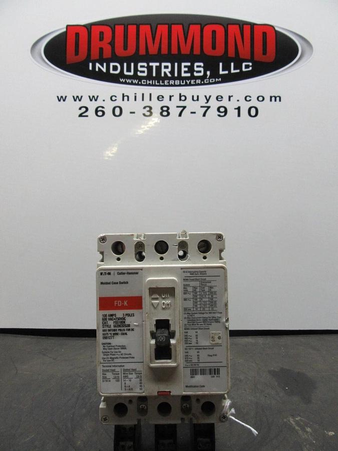 Used CUTLER-HAMMER CIRCUIT BREAKER FD3100K 100 AMP 3-POLE 600 VAC FD-K **WARRANTY**
