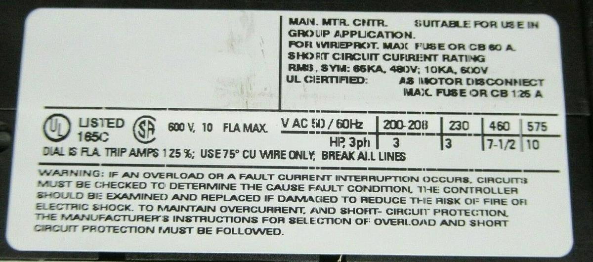 Used SIEMENS MANUAL MOTOR START 3RV1021-1KA10 600 VAC 12 AMP 10 HP