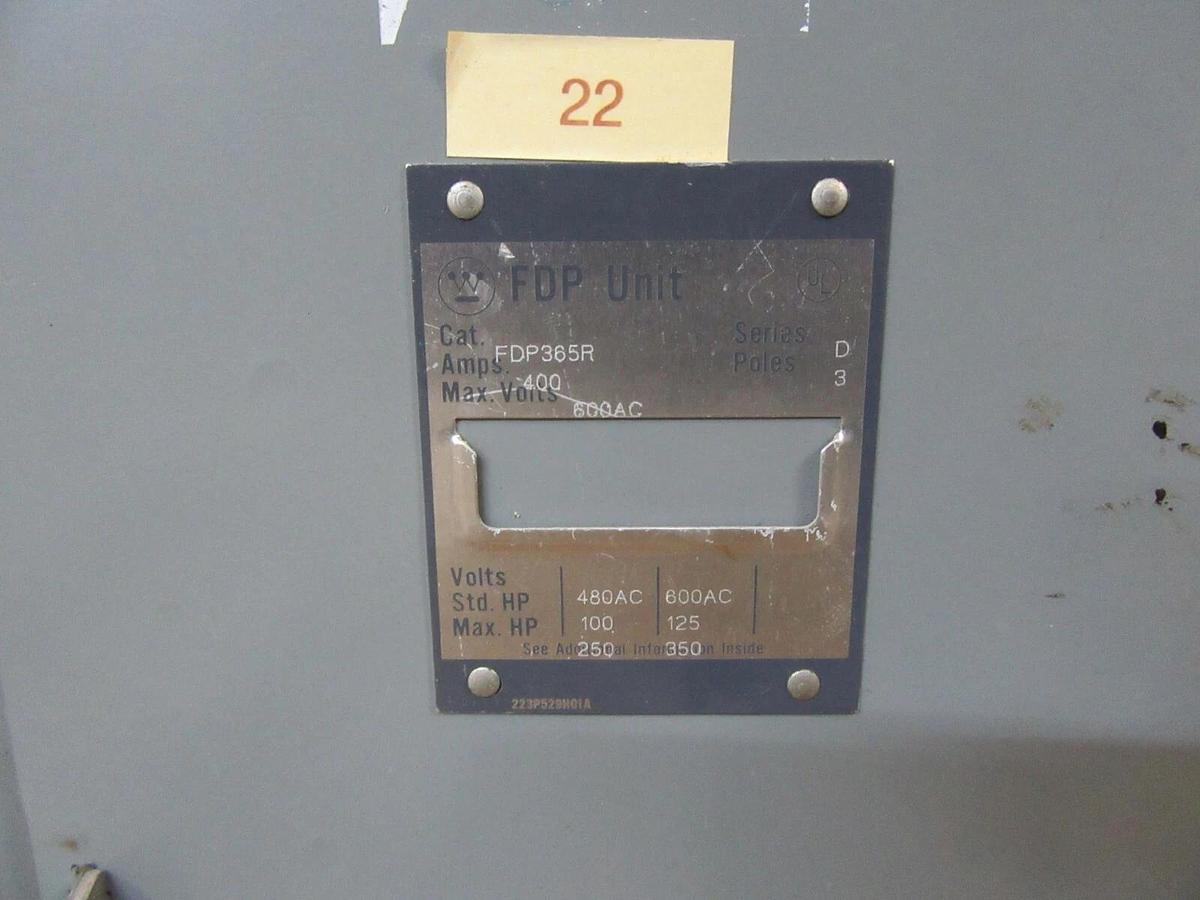 Used WETINGHOUSE FUSE PANELBOARD SWITCH FDP365R 400 AMP 600 VAC 350 HP 3-POLE