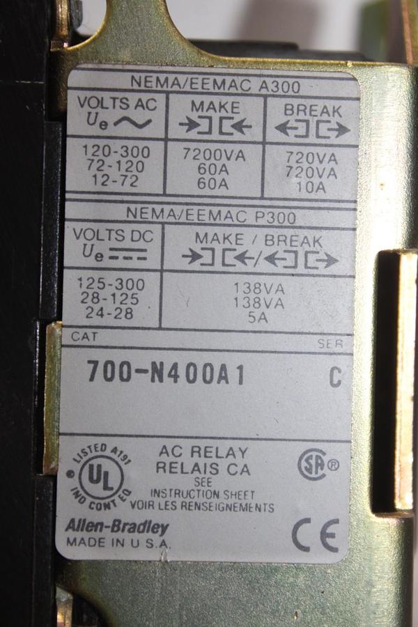 Used ALLEN BRADLEY RELAY 700-N400A1 300 VOLT 5 AMP **WARRANTY INCLUDED**