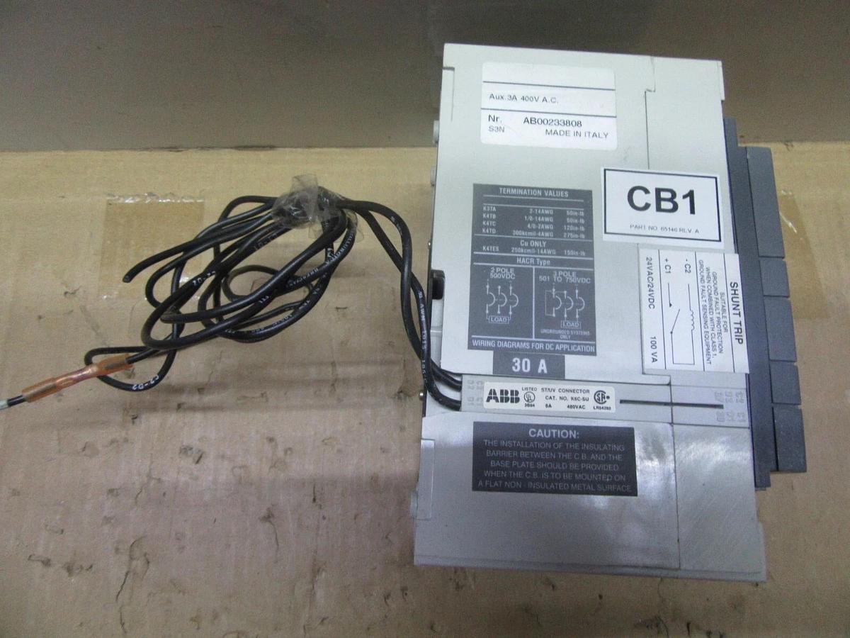 Used ABB SACE S3 S3N CIRCUIT BREAKER 480 VOLT 2-POLE 30 AMP W/ SHUNT TRIP