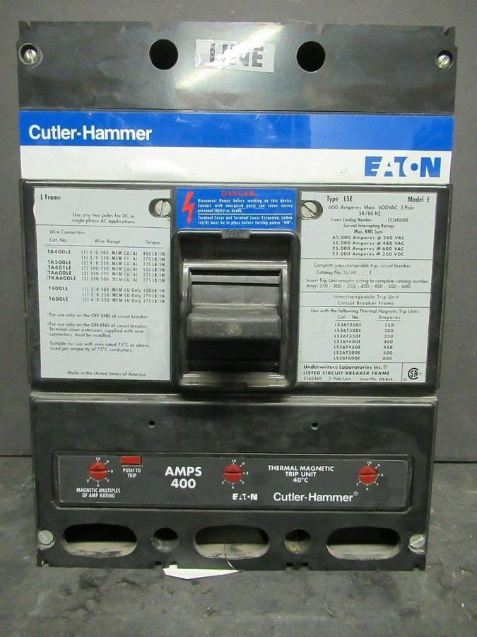 Used CUTLER HAMMER CIRCUIT BREAKER LS36F600E 400 AMP 600 VAC 3-POLE LSE
