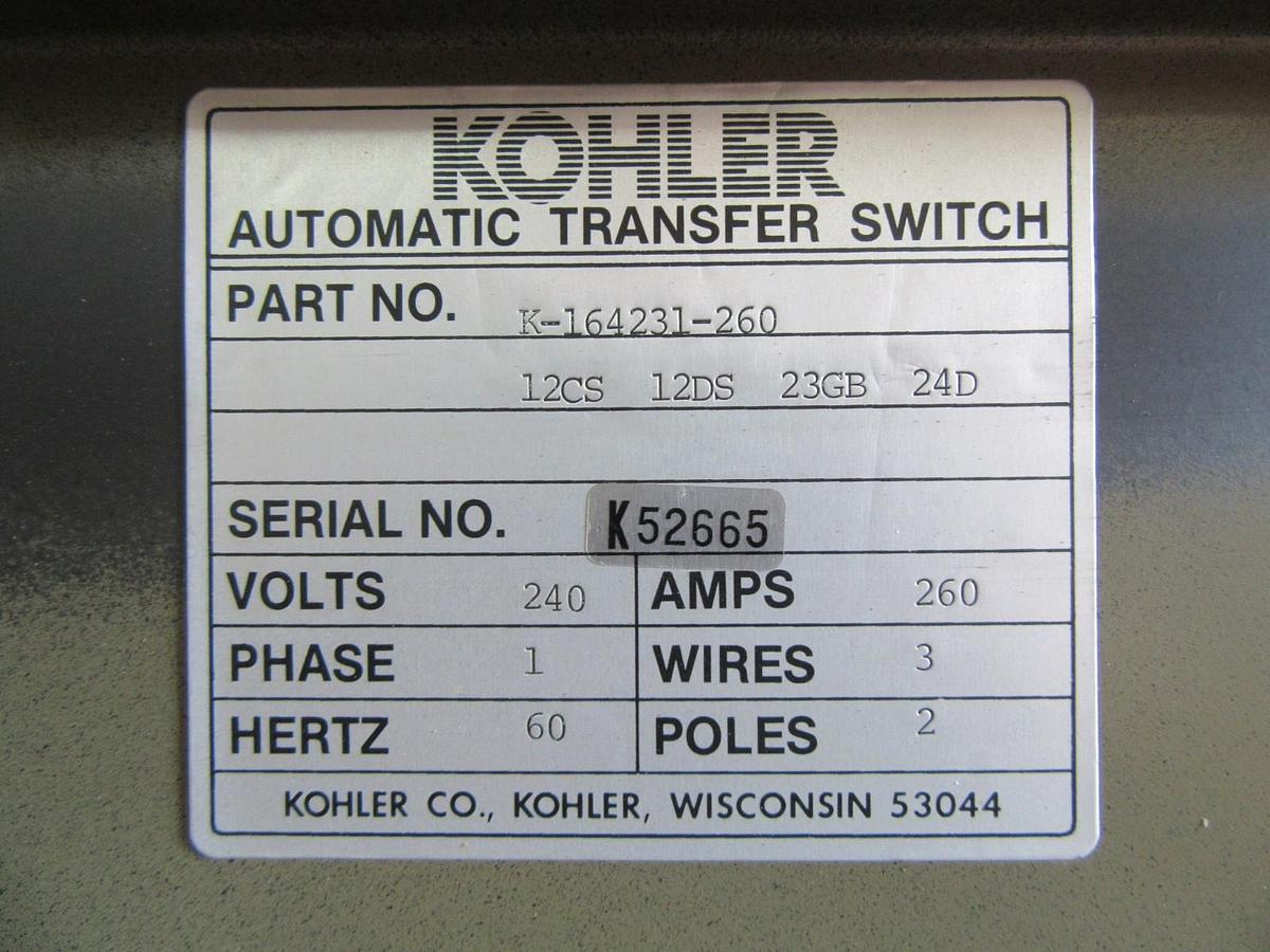Used 260 AMP KOHLER ASCO ATS AUTOMATIC TRANSFER SWITCH K-164231-260 240 V 1 PH 60 HZ