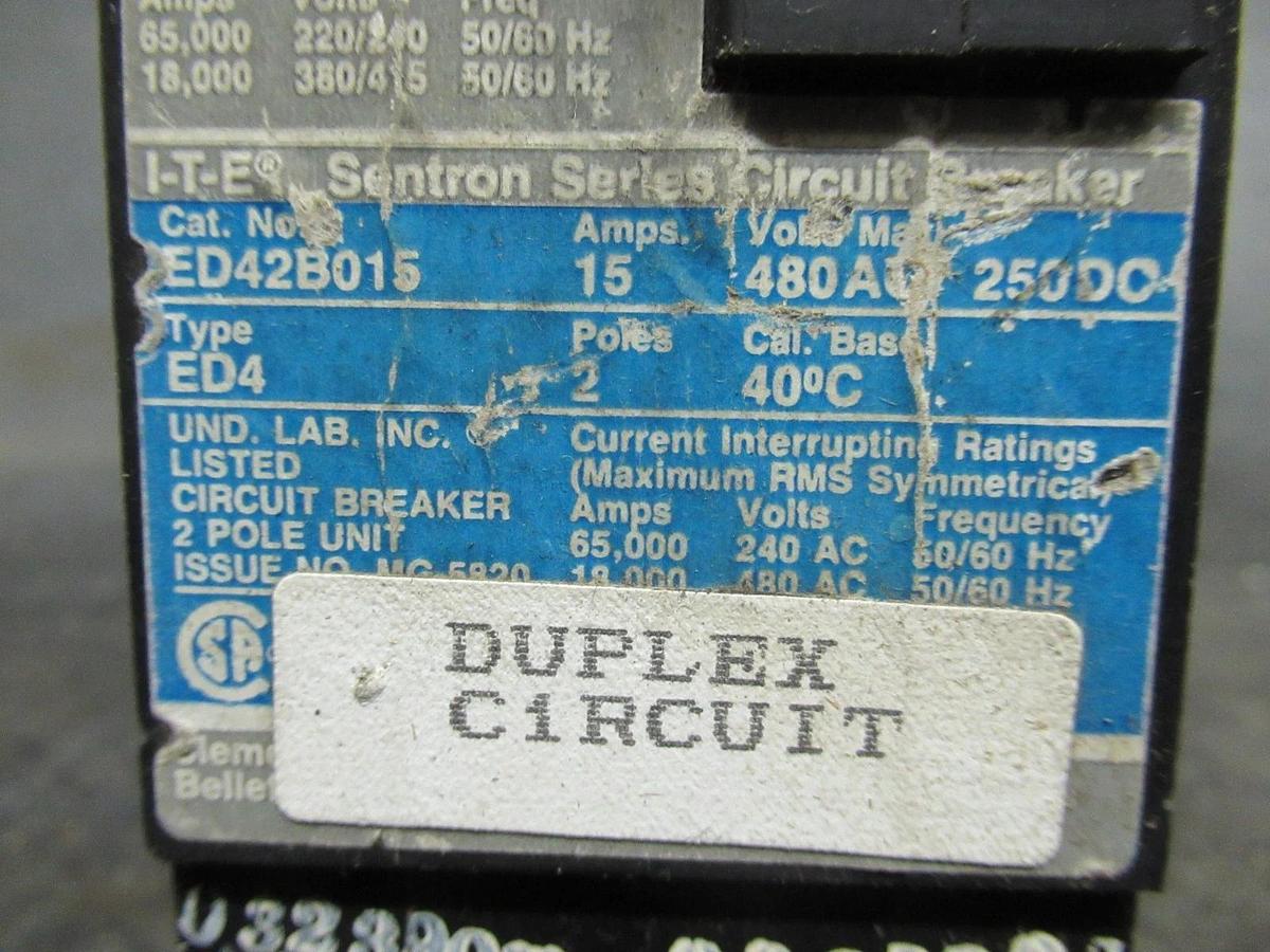 Used 15 AMP ITE SENTRON BREAKER ED42B015 480 VAC 2 POLE **WARRANTY INCLUDED**