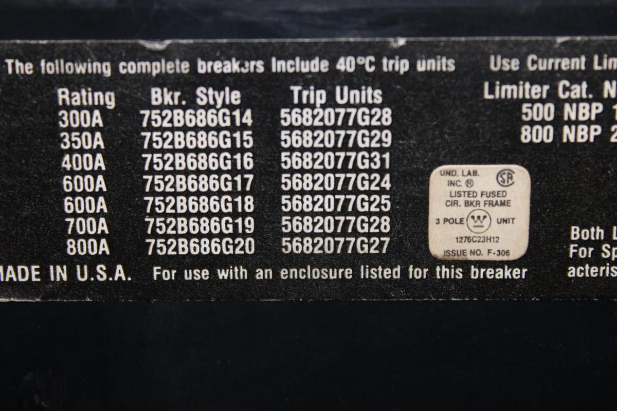 Used CUTLER-HAMMER CIRCUIT BREAKER MS360700A 700 AMP 600 VAC 3-POLE